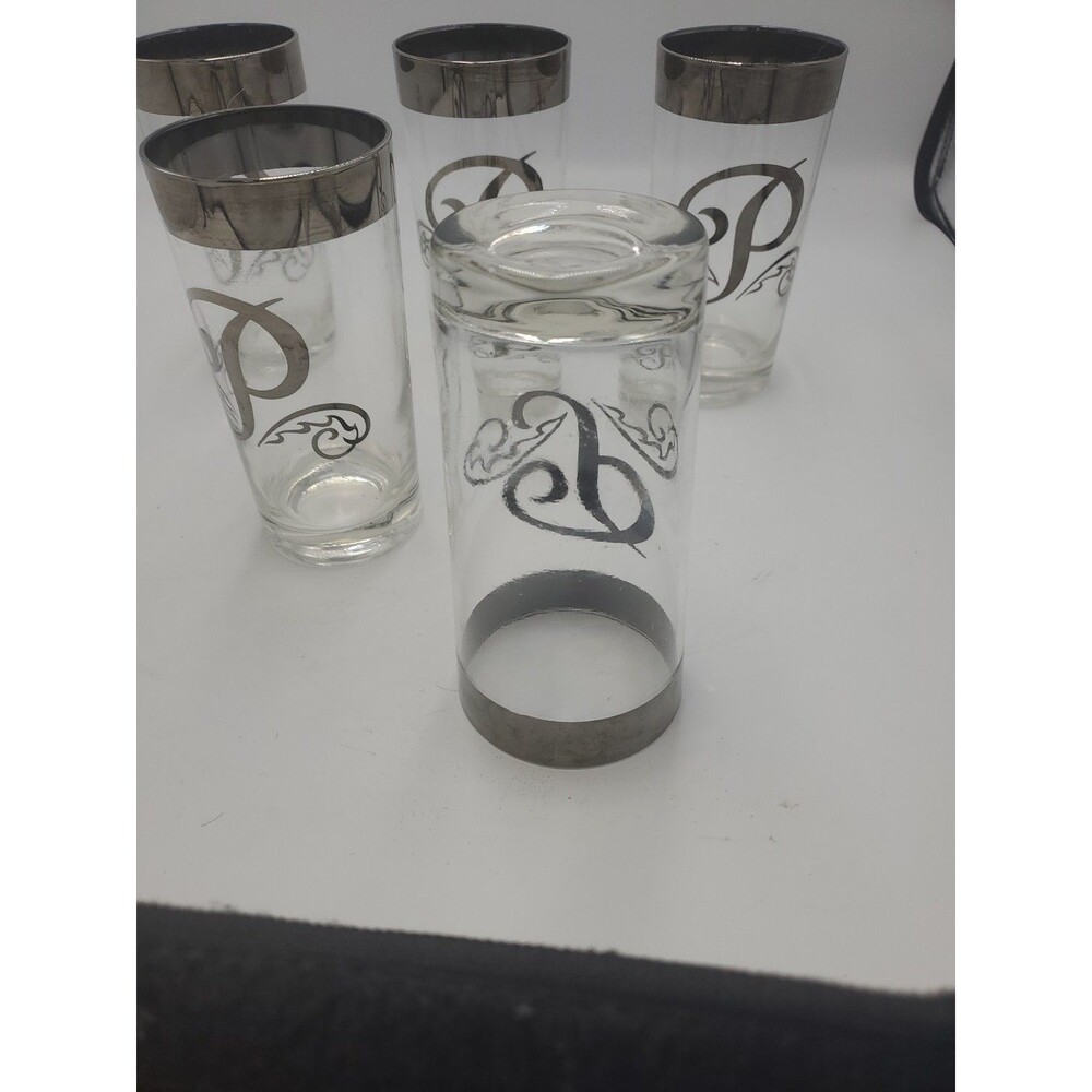 5 Highball Glass Monogram Platinum" style, silver rim and an "P" initial - Picture 7 of 7